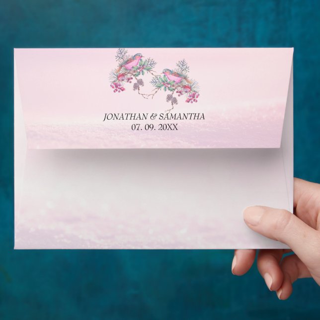 Birds & Berries Pinecone Watercolor Winter Wedding Envelope (Hand)
