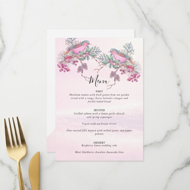 Birds & Berries Pinecone Watercolor Winter Wedding Menu (Front/Back In Situ)