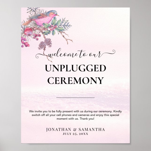 Birds & Berries Pinecone Watercolor Winter Wedding Poster (Front)