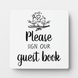 Birds Black White Lovebird Wedding Guest Book Sign Plaque