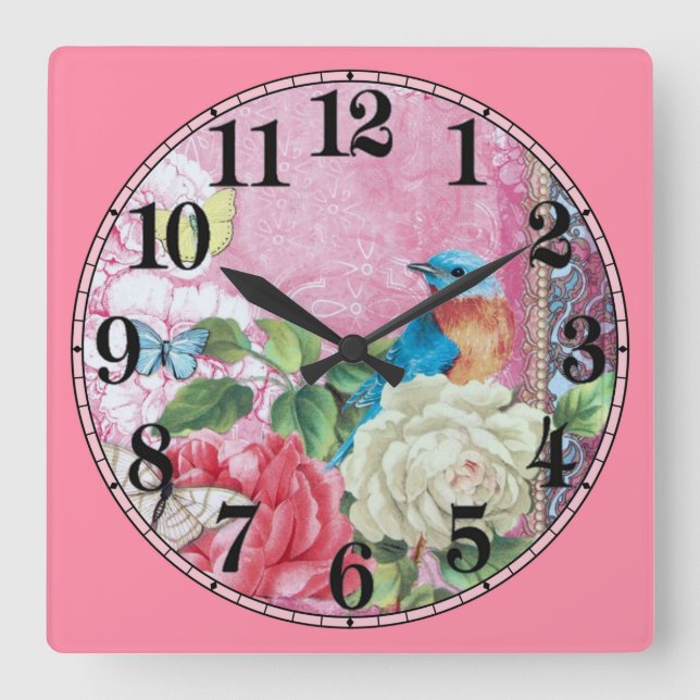Birds Butterflies and Flowers Square Wall Clock (Front)