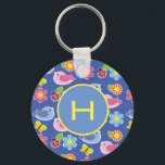 Birds, Butterflies & Ladybugs Flowers Initial Key Ring<br><div class="desc">Cute flowers and insects pattern on custom background colour.</div>