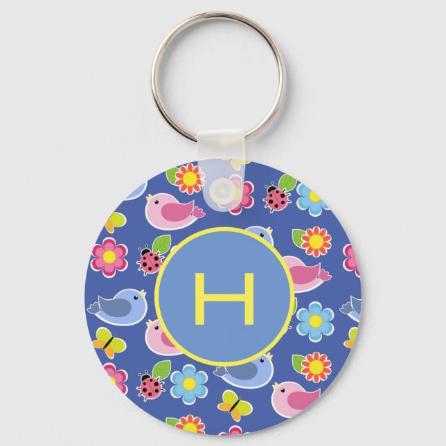 Birds, Butterflies & Ladybugs Flowers Initial Key Ring (Front)