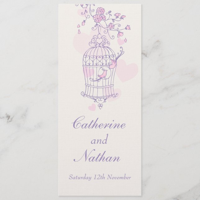 Birds cage purple pink wedding dinner menu (Front)