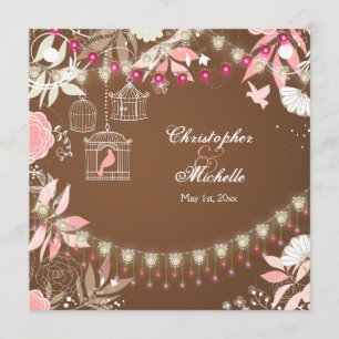 Birds, Cages, Flower Garden Pink and Brown Wedding Invitation