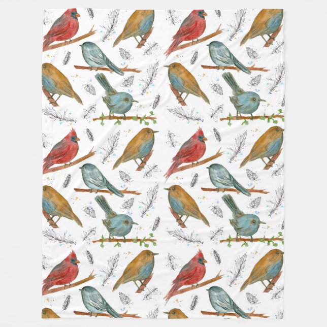 Birds Cardinal Bluebird Chickadee Fleece Blanket (Front)
