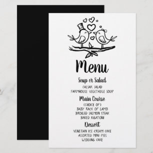 Birds Cartoon Lovebirds Black White Wedding Menu