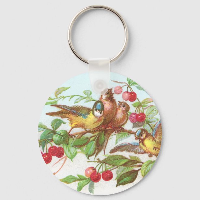Birds & Cherries Victorian Trade Card Key Ring (Front)