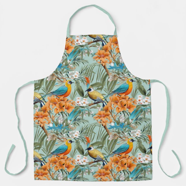 Birds Chinoiserie Mint Orange Apron (Front)