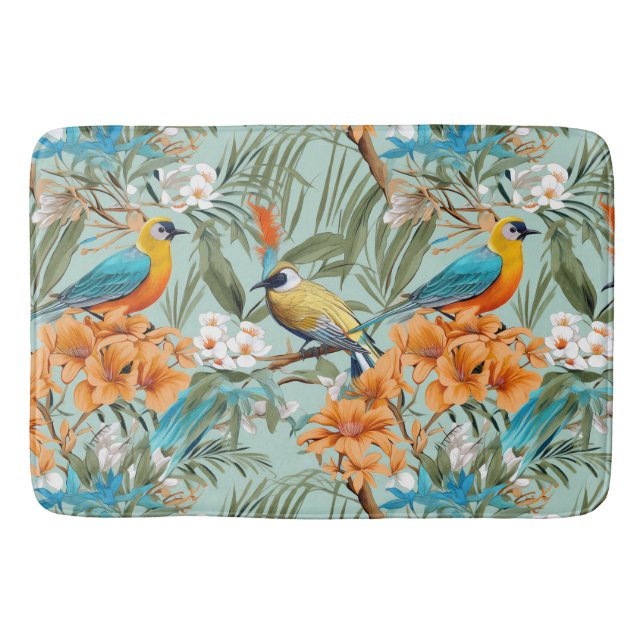 Birds Chinoiserie Mint Orange Bath Mat (Front)