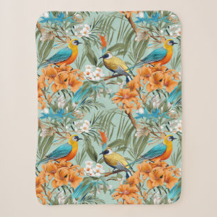 Birds Chinoiserie Mint Orange Sherpa Blanket