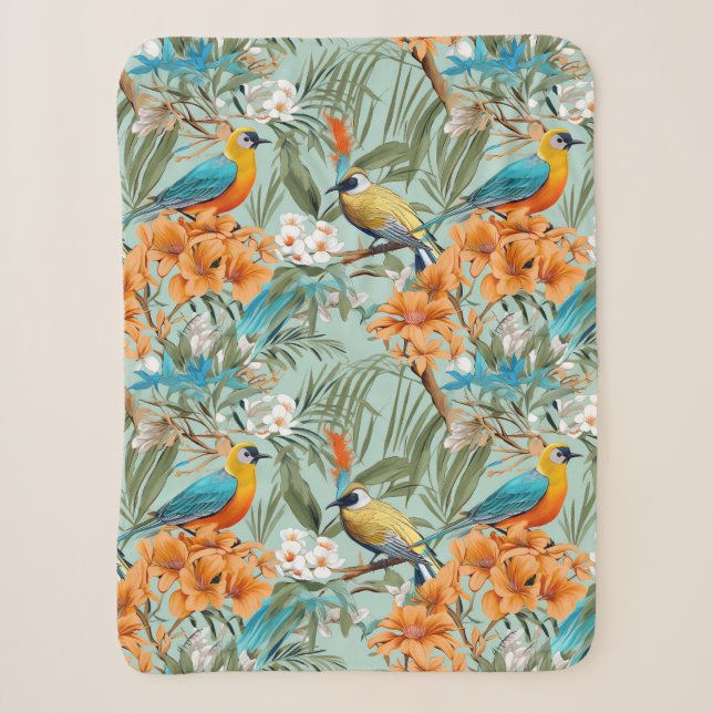 Birds Chinoiserie Mint Orange Sherpa Blanket (Front)