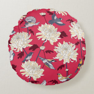 Birds & Chrysanthemums: Floral Vintage Round Cushion