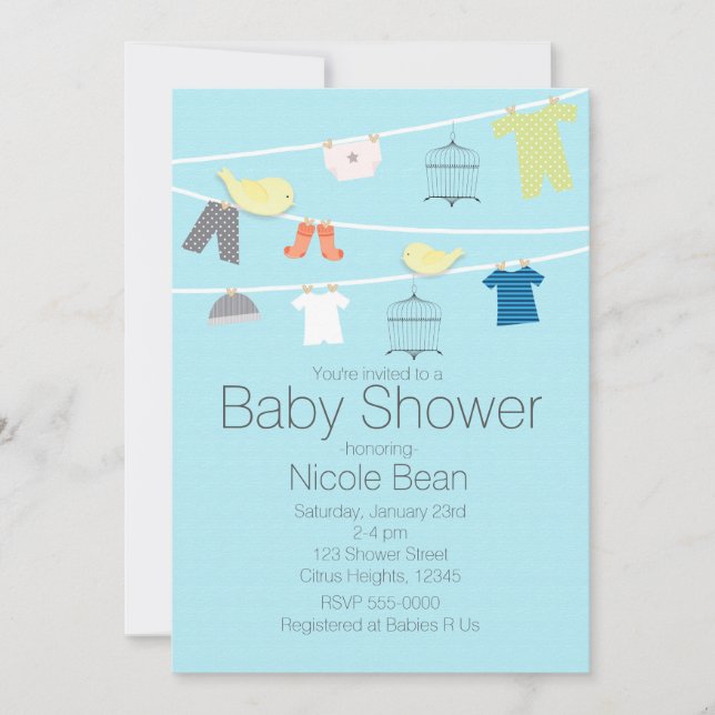 Birds & Clothes on a wire Baby Shower Invitations (Front)