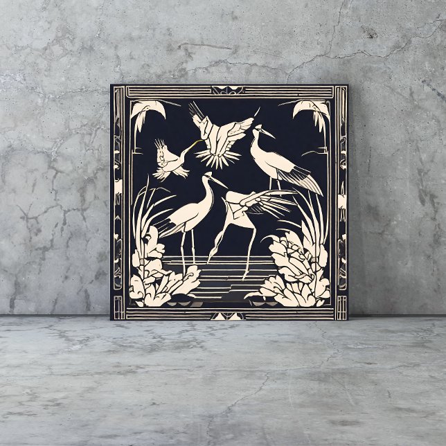 Birds Cranes Black and White Art Deco Nouveau Tile (birds tiles are a vintage Art Deco style with cranes in black and cream geometric style)