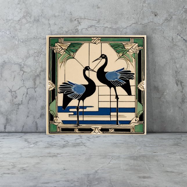 Birds Cranes in Lake Art Deco Art Nouveau Tile (birds tiles are a vintage Art Deco style with cranes in blue and green geometric style)