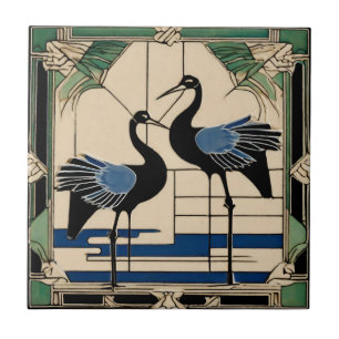 Birds Cranes in Lake Green Art Deco Art Nouveau Tile