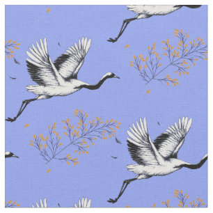 Birds Cranes Japanese. Branches of plants. Blue Fabric