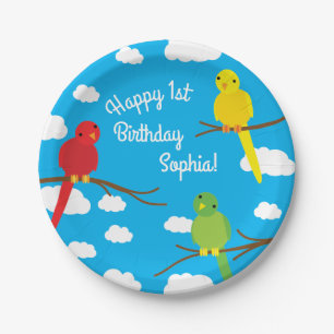 Birds Cute Colorful Spring 1st Birthday Paper Plate