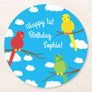 Birds Cute Colourful Spring 1st Birthday Round Paper Coaster