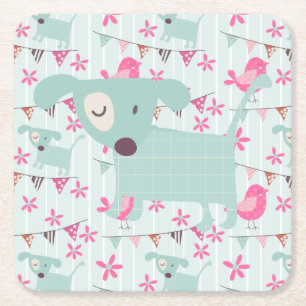 Birds, Dogs, Banners, Flowers Square Paper Coaster