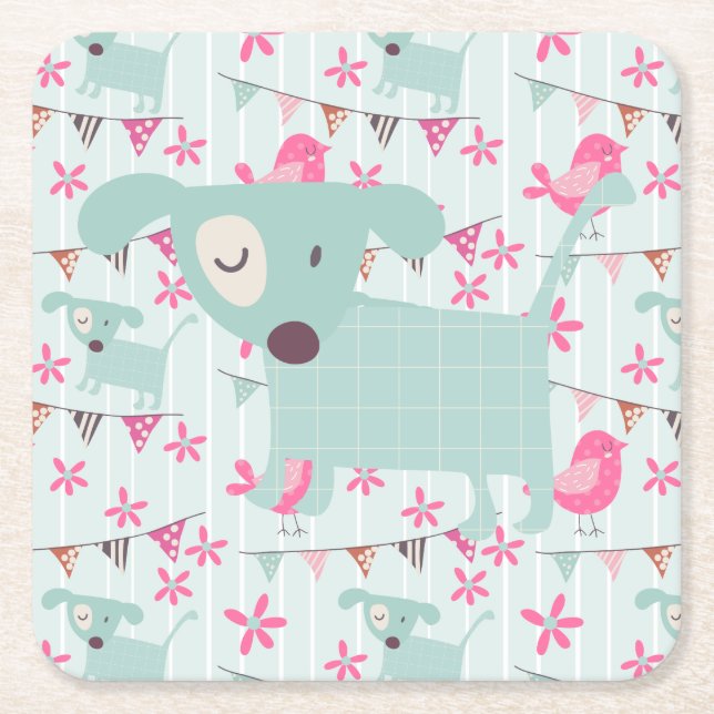 Birds, Dogs, Banners, Flowers Square Paper Coaster (Front)