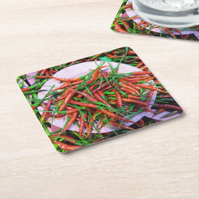 Bird's Eye Chilli Peppers Square Paper Coaster (Angled)