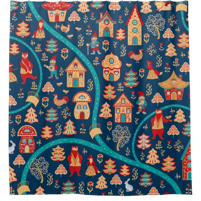 Bird's eye view. Houses,forest,dwarves,bears,foxes Shower Curtain (Front)