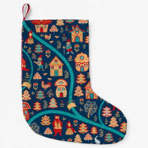 Bird's eye view. Houses,forest,dwarves,bears,foxes Small Christmas Stocking