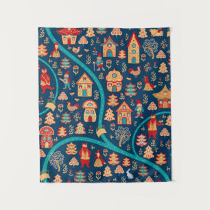 Bird's eye view. Houses,forest,dwarves,bears,foxes Tapestry
