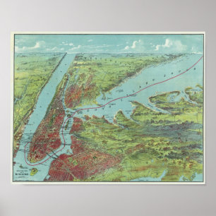 Birds Eye View Map Of New York And Vicinity Poster