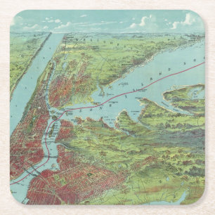 Birds Eye View Map Of New York And Vicinity Square Paper Coaster
