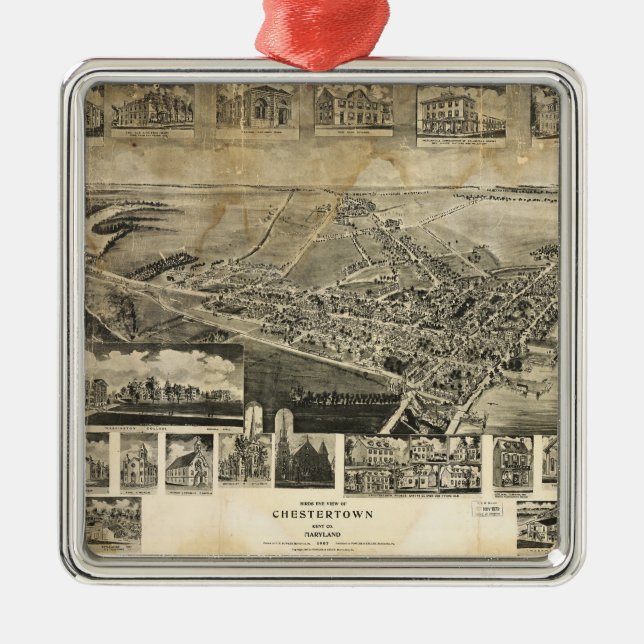 Bird's Eye View of Chestertown, Maryland (1907) Metal Tree Decoration (Front)