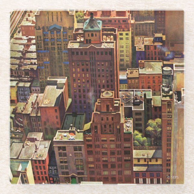 Bird's-Eye View of New York City by John Falter Glass Coaster (Front)
