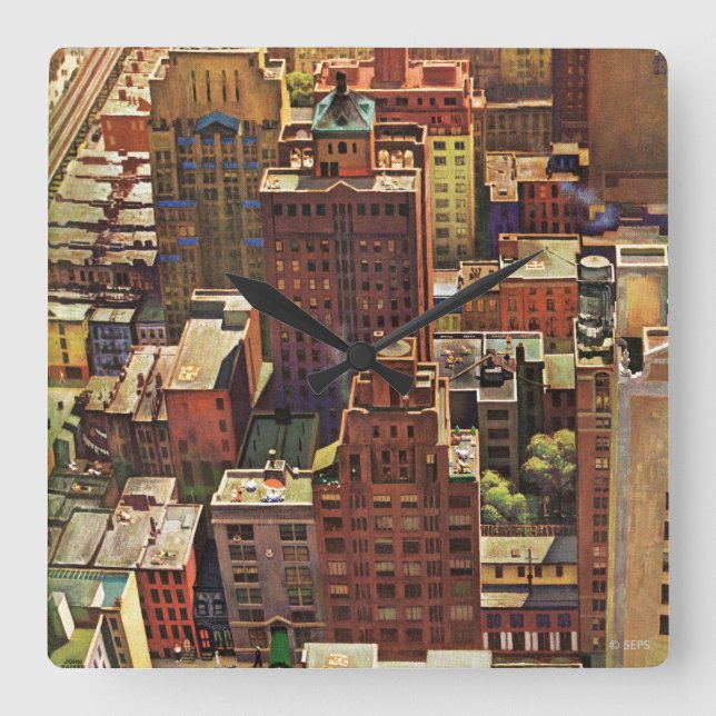 Bird's-Eye View of New York City by John Falter Square Wall Clock (Front)