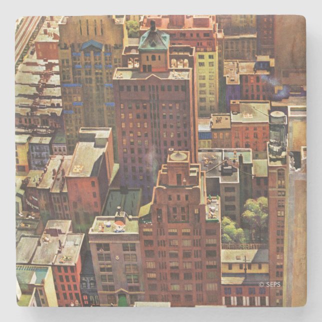 Bird's-Eye View of New York City by John Falter Stone Coaster (Front)