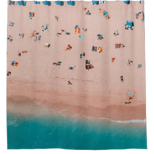 BIRD'S EYE VIEW PHOTOGRAPHY OF PEOPLE IN SEASHORE SHOWER CURTAIN