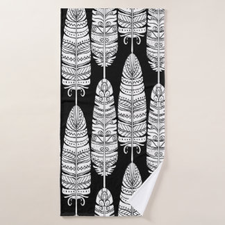 Birds feathers boho seamless pattern in black and bath towel