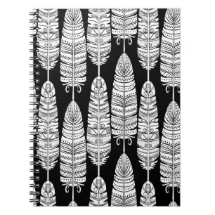 Birds feathers boho seamless pattern in black and notebook