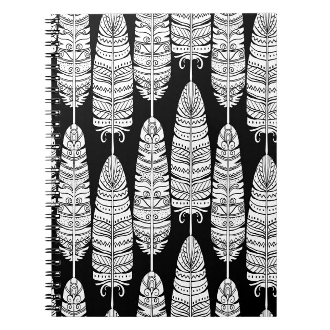 Birds feathers boho seamless pattern in black and  notebook (Front)