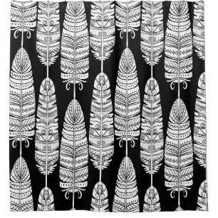 Birds feathers boho seamless pattern in black and shower curtain