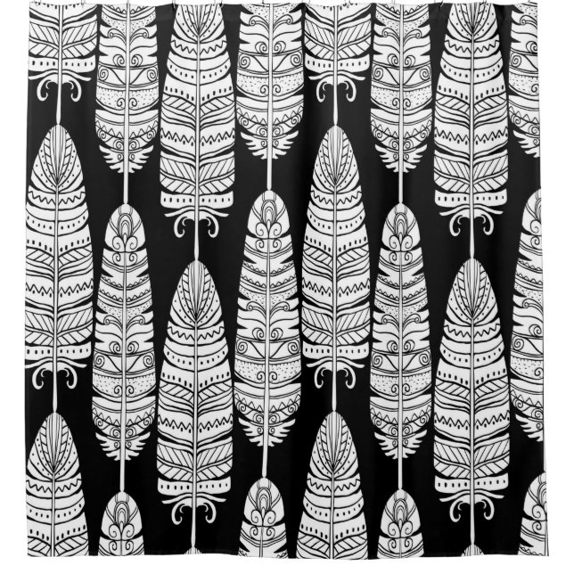 Birds feathers boho seamless pattern in black and  shower curtain (Front)