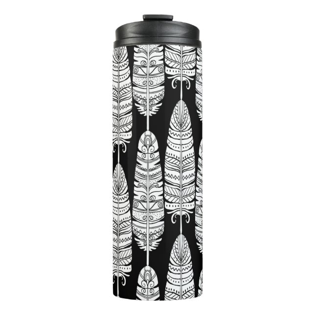 Birds feathers boho seamless pattern in black and  thermal tumbler (Front)