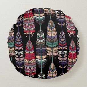 Birds Feathers Tribal Art Seamless Round Cushion