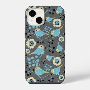 Birds Floral Berries Blue Cream Black Grey Pattern iPhone 14 Case