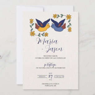 Birds Floral Blue Yellow Charming Spanish Wedding Invitation
