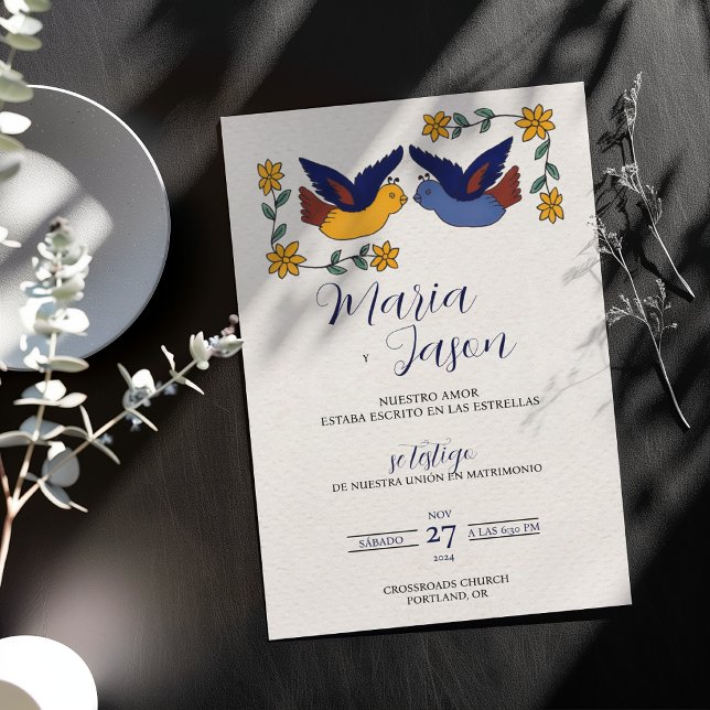 Birds Floral Blue Yellow Charming Spanish Wedding Invitation (Birds Floral Blue Yellow Charming Spanish Wedding Invitation)