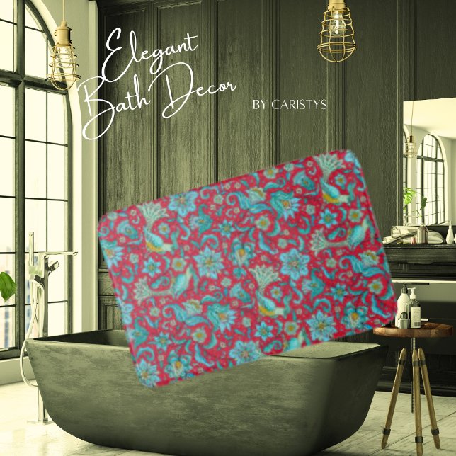 Birds, Florals, Blues, Red Bath Mat (Creator Uploaded)