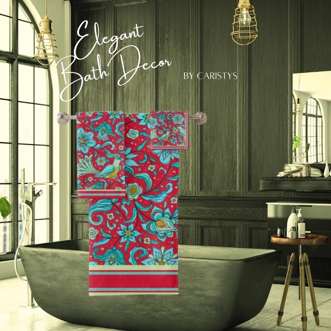 Birds, Florals, Blues, Red, Pale Lime Towel (Creator Uploaded)