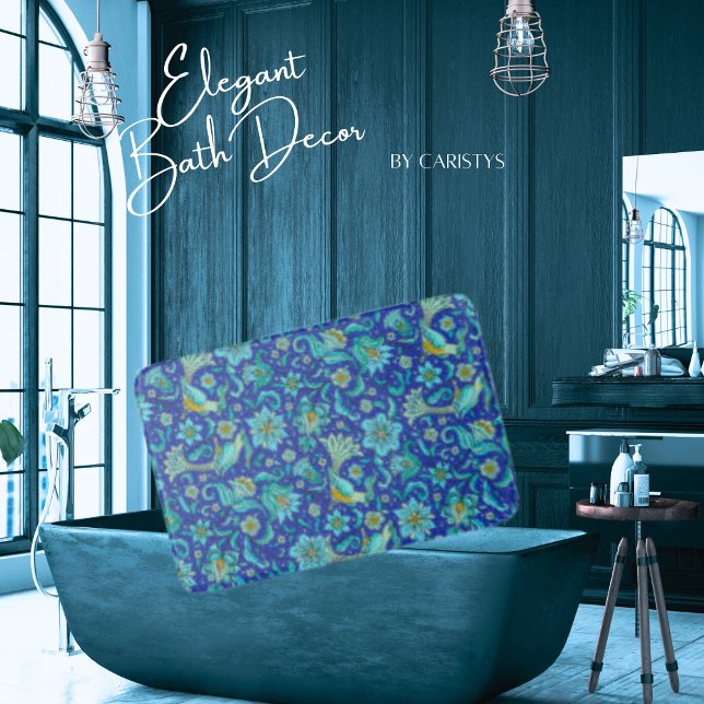 Birds Florals Royal Blue, Yellow Bath Mat (Creator Uploaded)